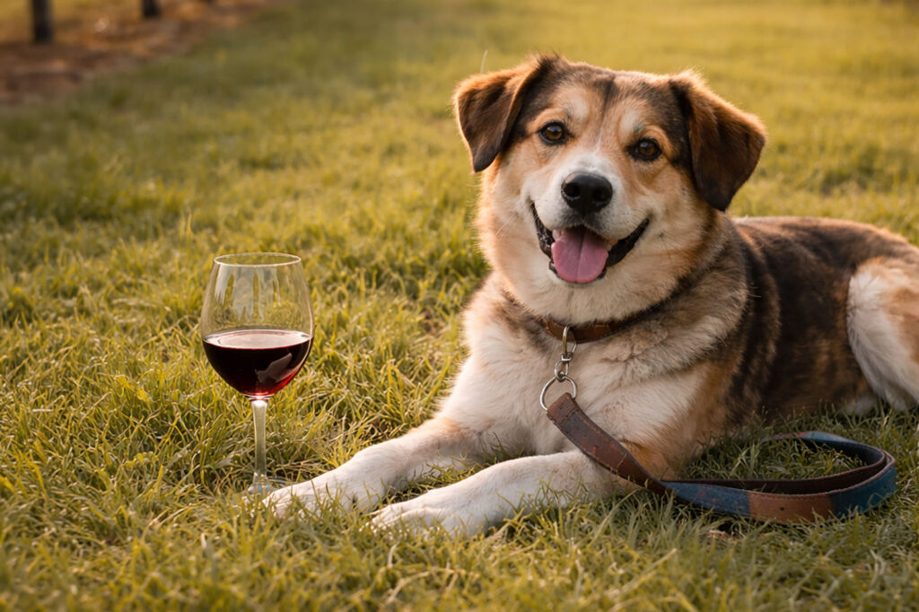 Dog panting in vineyard laying next to glass of wine
