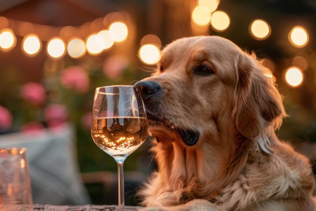 golden retriever sniffing a glass of wine